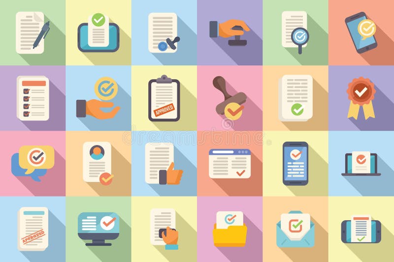 Application approval icons set flat vector. File loan royalty free illustration