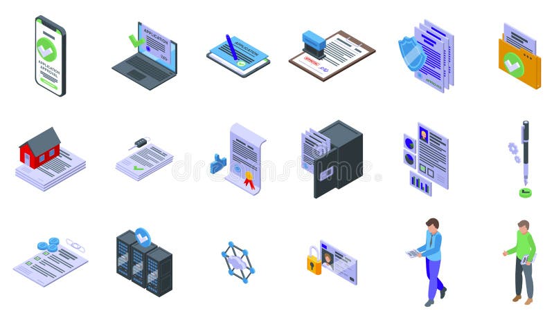 Application approval icons set isometric vector. File loan vector illustration