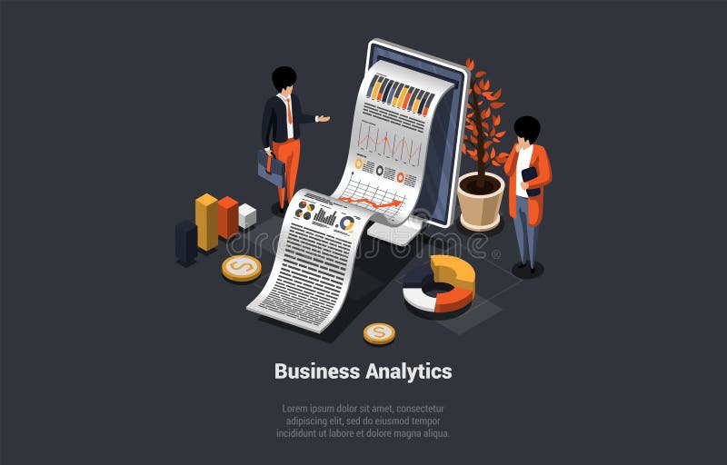 Application With Business Graph And Analytics Data. Characters Analysis Trends And Financial Strategy By Using stock illustration