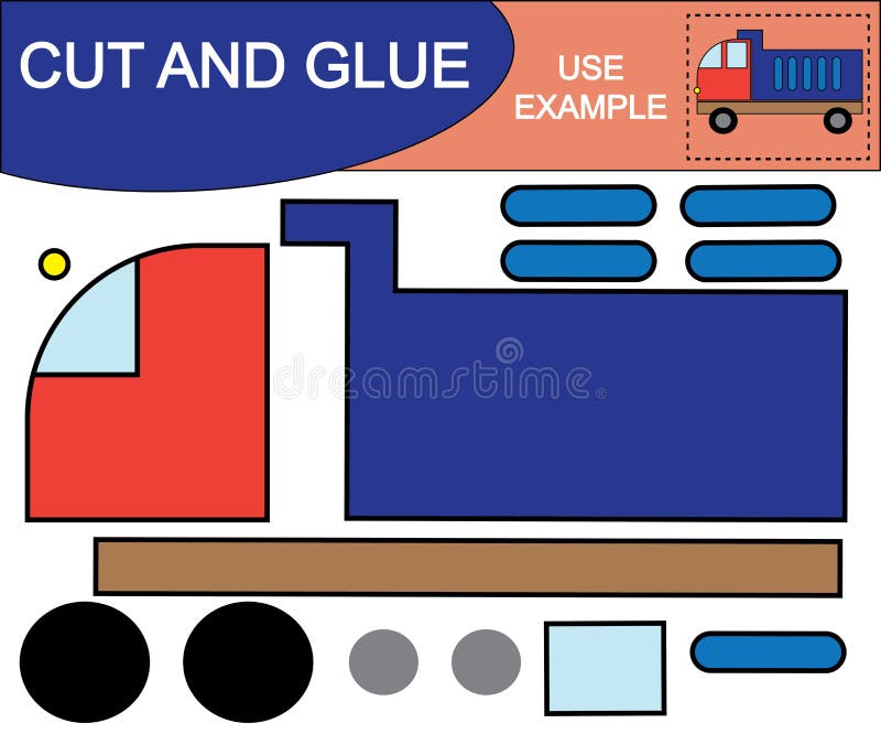Application. Cut and glue image of dump truck. Educational game for children