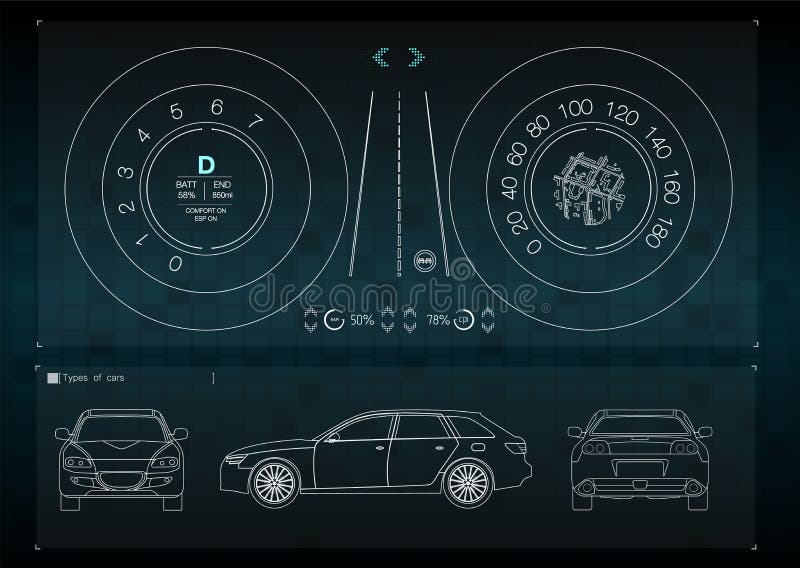 The application interface for the repair and maintenance of automotive parts. Car front, rear and side views. Infographics of frei royalty free illustration The application interface for the repair and maintenance of automotive parts. Car front, rear and side views. Infographics of frei royalty free illustration
