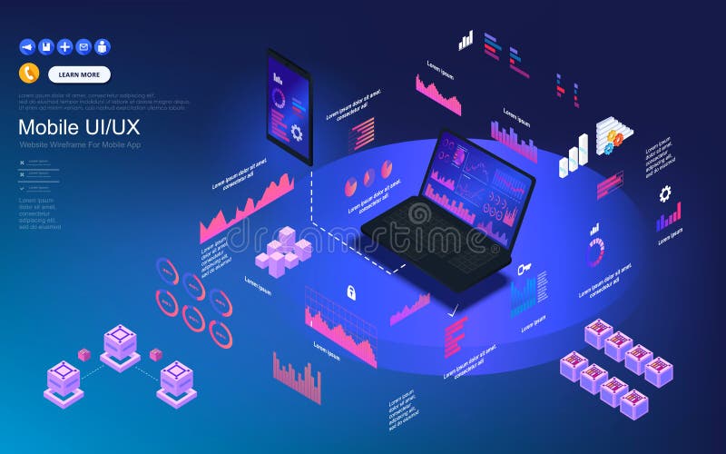Application of laptop with business graph and analytics data on isometric laptop . Analysis trends and financial stock illustration Application of laptop with business graph and analytics data on isometric laptop . Analysis trends and financial stock illustration