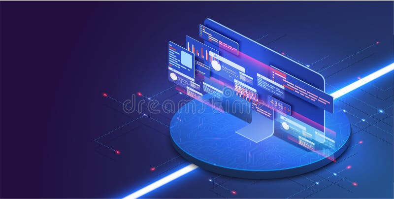 Application of PC with business graph and analytics data on isometric computer. Analysis trends and software development royalty free illustration