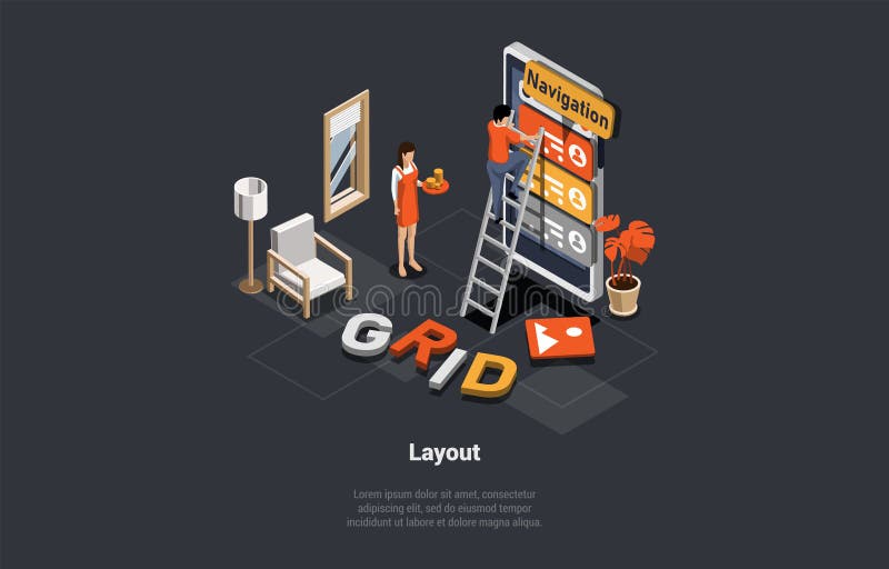 Application For Smartphone And PC With Analytics Data. Man And Woman Analyze Trends, Stats, Software Development stock illustration