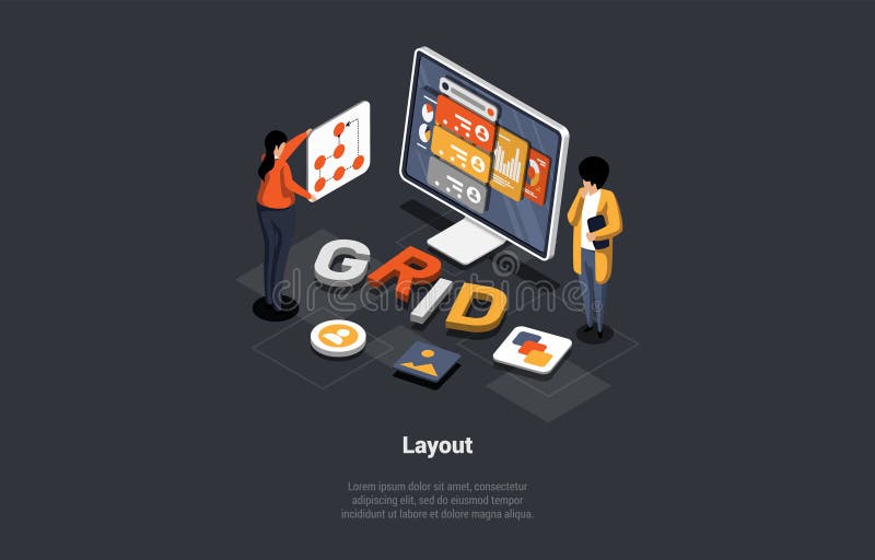 Application For Smartphone And PC With Analytics Data. Man And Woman Analyzing Trends, Stats, Working On Fill In Of The royalty free illustration