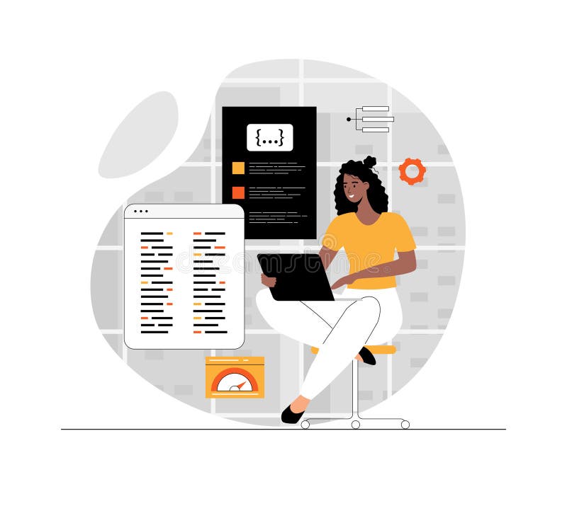 Application and software development, optimization and testing apps. Programmer working with code on screens. Illustration stock illustration