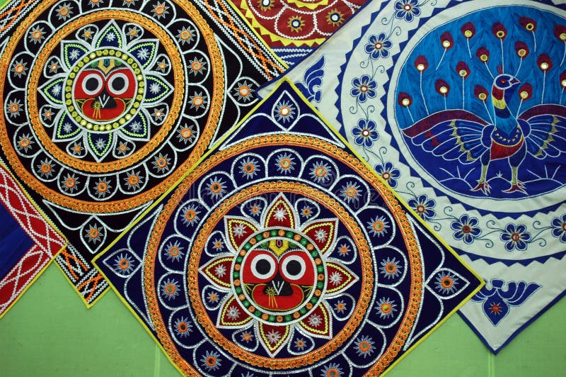 Appliqué work in Orissa also originated as a temple art. Coloured cloth, after being cut and shaped into the forms of birds, animals, flowers, leaves, and other decorative motifs is stitched onto a cloth piece designed as a wall hanging, garden or beach umbrella, a lamp shade and other utility items. Since the past decade or so, saris and household linen in appliqué work are also being produced in increasing numbers.