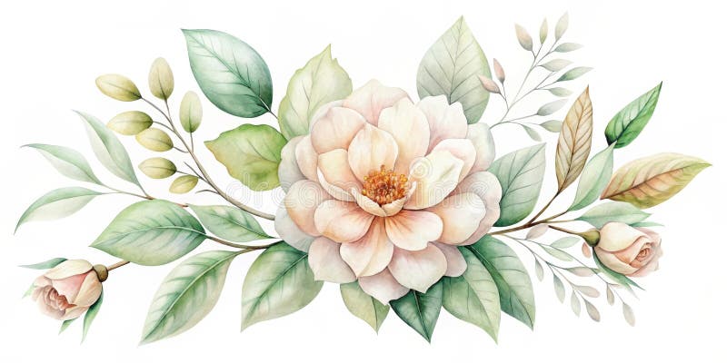 Apposizione floreale a colori d'acqua con un grande fiore e dei delicati boccioli di verde e tonalità sane. Generative AI illustrazione di stock