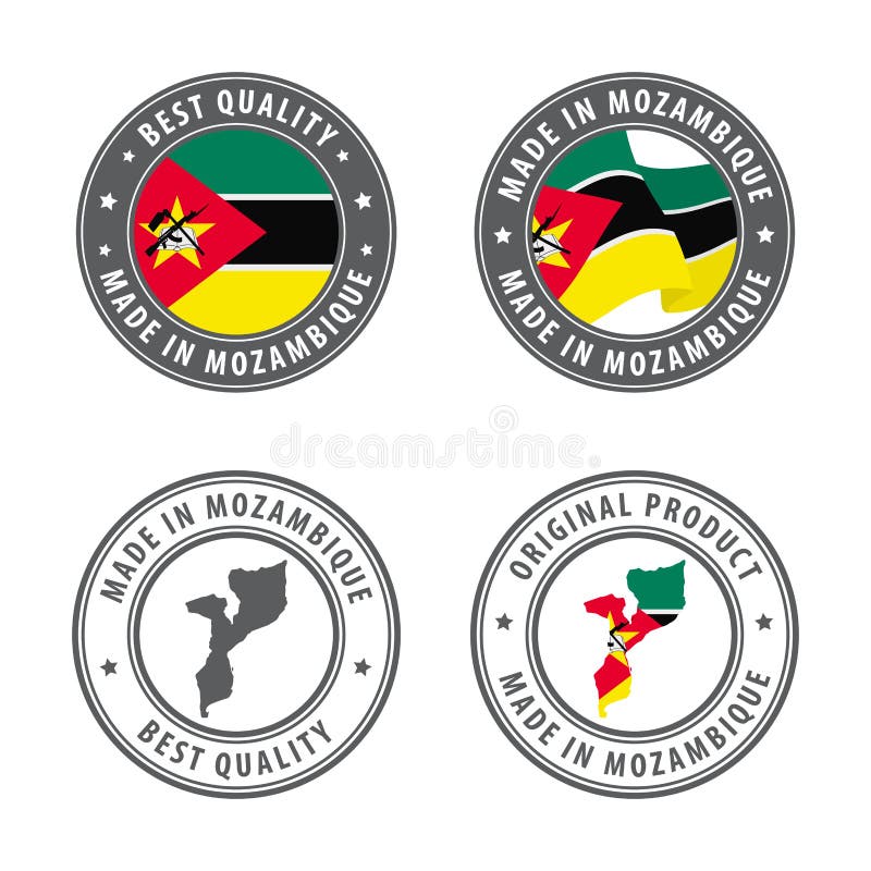 Apposto in mozambico, insieme di etichette, timbri con la mappa e la bandiera del mozambico. migliore qualità. prodotto originale. illustrazione vettoriale