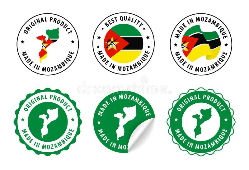 Apposto in mozambico, insieme di etichette, timbri con la mappa e la bandiera del mozambico. migliore qualità. prodotto originale illustrazione di stock