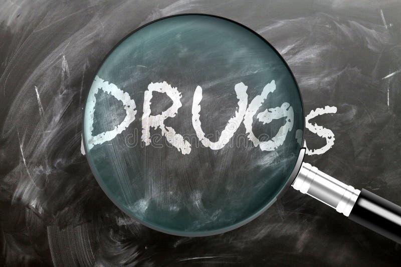 Apprendre, étudier et inspecter les drogues - représenté sous forme de loupe agrandissant le mot drogues, symbolise la recherche, photo stock Apprendre, étudier et inspecter les drogues - représenté sous forme de loupe agrandissant le mot drogues, symbolise la recherche, photo stock