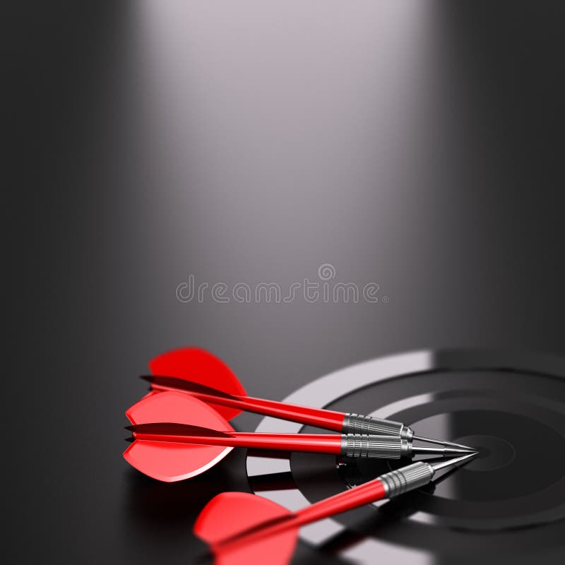 3D illustration of one target and three red darts over black background. Strategic business or marketing strategy concept. 3D illustration of one target and three red darts over black background. Strategic business or marketing strategy concept.