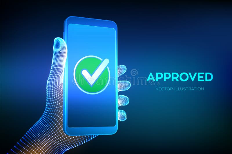 approuv? Rep?re de contr?le Main tenant un smartphone avec une icône verte de trait de repère sur l'écran pour montrer validée, c illustration de vecteur approuv? Rep?re de contr?le Main tenant un smartphone avec une icône verte de trait de repère sur l'écran pour montrer validée, c illustration de vecteur