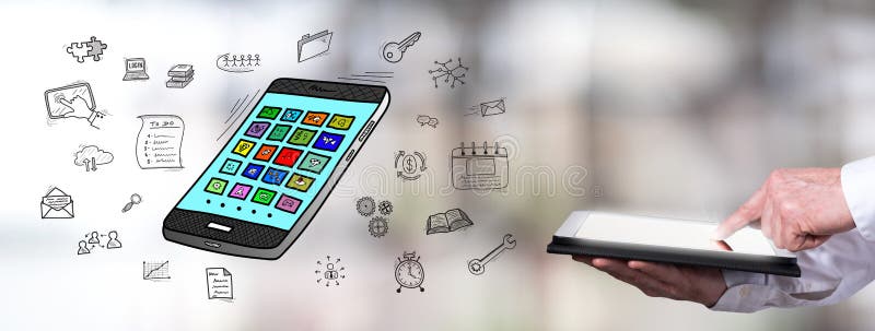 Apps concept with man using a tablet stock image