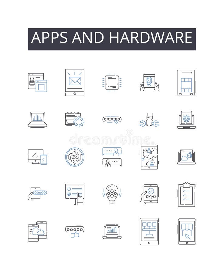 Apps and hardware line icons collection. Software and technology, Food and cuisine, Fun and entertainment, Art and royalty free illustration