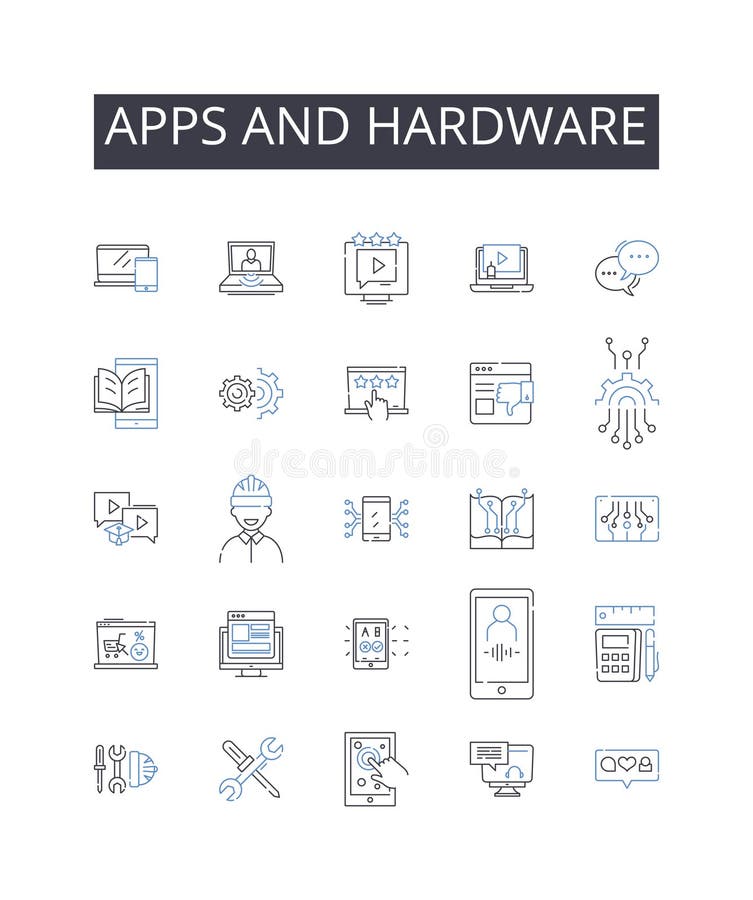 Apps and hardware line icons collection. Software and technology, Food and cuisine, Fun and entertainment, Art and vector illustration
