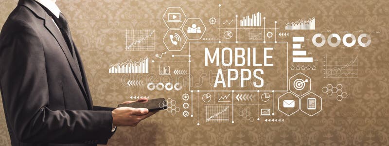 App mobili con un uomo d'affari che tiene un tablet fotografia stock libera da diritti