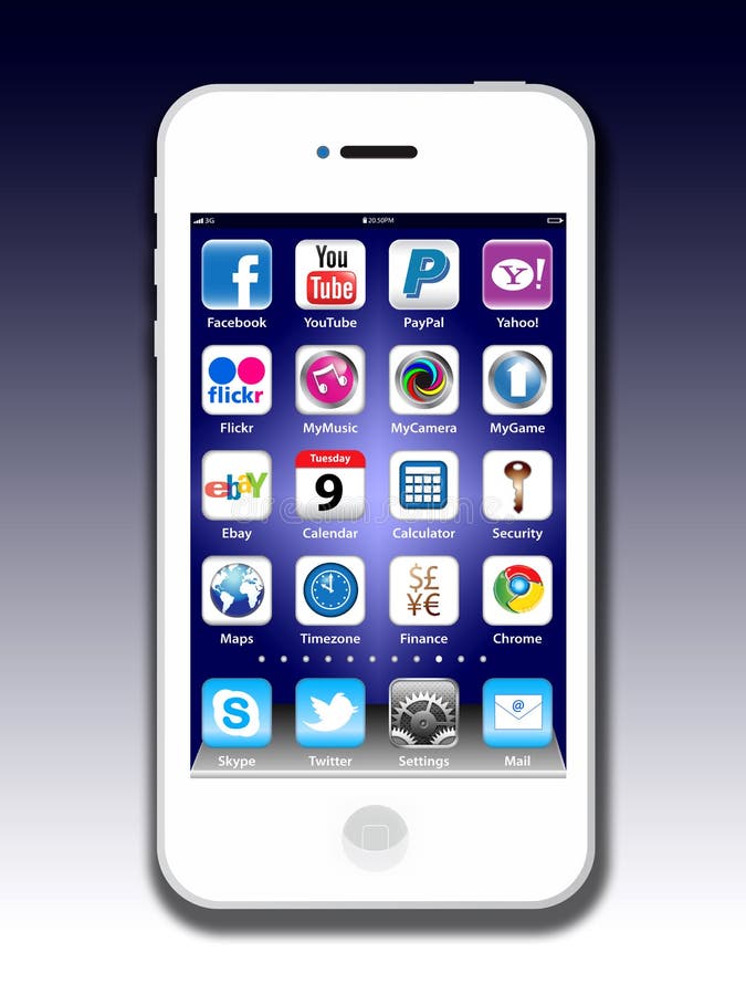 Apps sociales del Madia en un iPhone 4 de Apple stock de ilustración Apps sociales del Madia en un iPhone 4 de Apple stock de ilustración