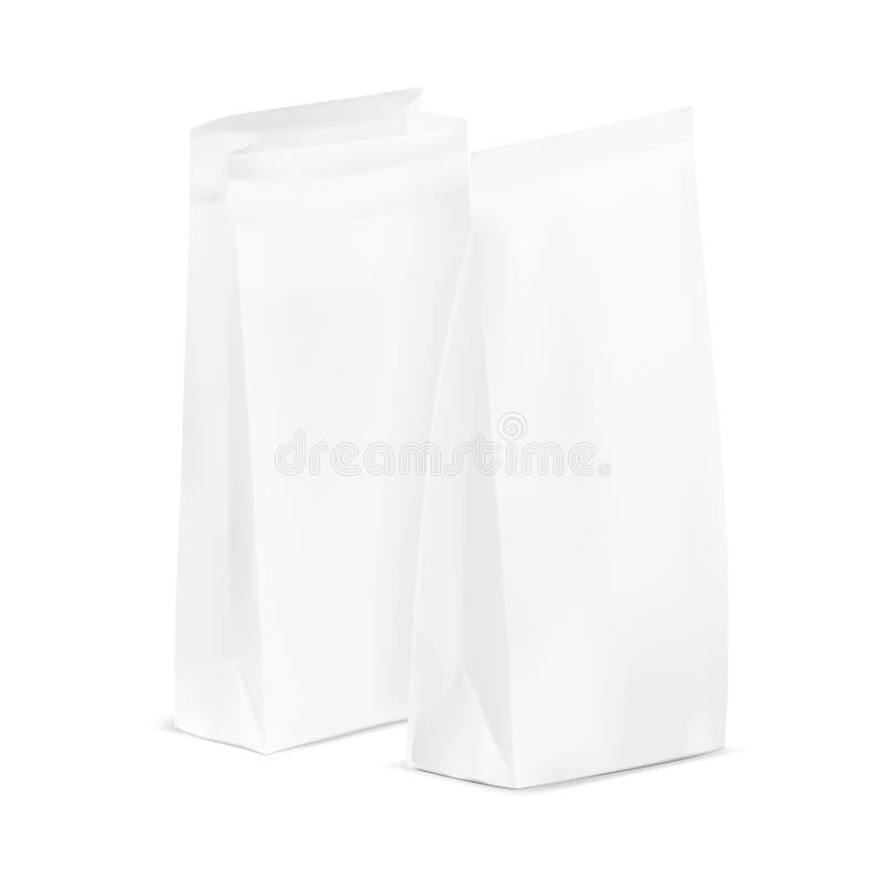 Apra e chiuda la plastica in bianco bianca o l'imballaggio di carta Bustina per pane, caffè, Candys, biscotti, regali illustrazione di stock