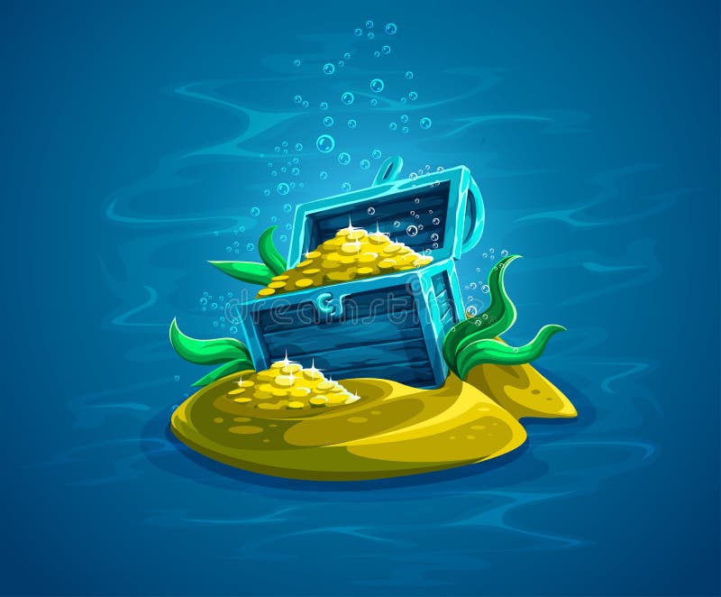 Apra il circuito di collegamento Petto nascosto del pirata con i tesori dell'oro in oceano illustrazione vettoriale Apra il circuito di collegamento Petto nascosto del pirata con i tesori dell'oro in oceano illustrazione vettoriale