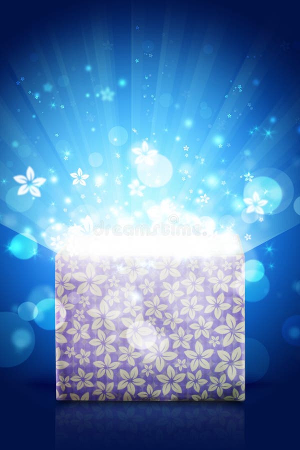 Apra il contenitore di regalo magico con luce intensa fotografia stock