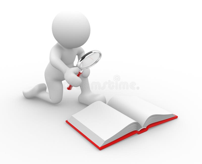 3d people - human character looking with a magnifying glass in an open book . 3d render illustration. 3d people - human character looking with a magnifying glass in an open book . 3d render illustration