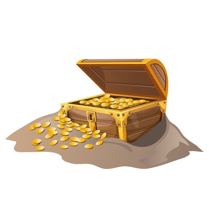 Apra il petto di legno del pirata in sabbia con le monete dorate illustrazione di stock Apra il petto di legno del pirata in sabbia con le monete dorate illustrazione di stock