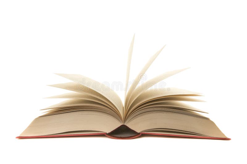 Apra il vecchio libro rosso con le pagine che stanno su su un fondo bianco fotografia stock libera da diritti Apra il vecchio libro rosso con le pagine che stanno su su un fondo bianco fotografia stock libera da diritti