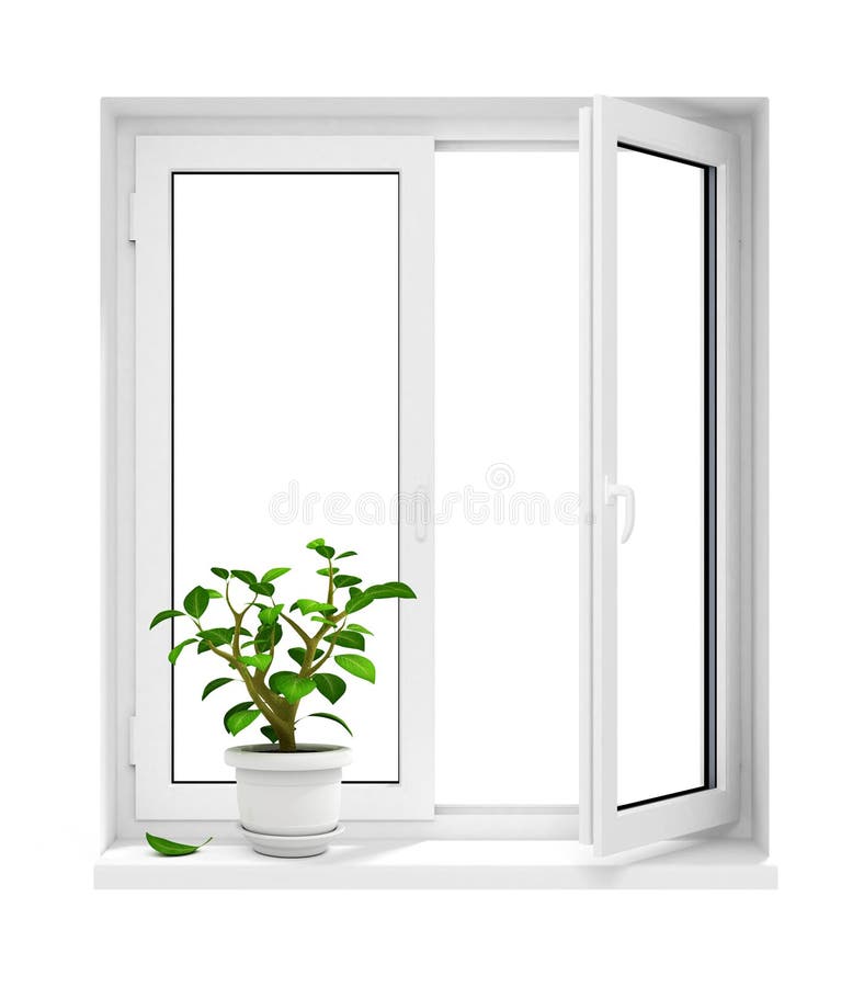 Apra la finestra di plastica con il flowerpot sul windowsill