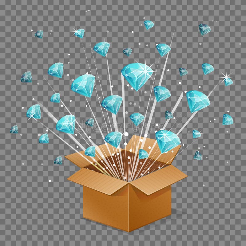 Apra le gemme del diamante di esplosione e di volo del raggio luminoso della scatola di sorpresa royalty illustrazione gratis