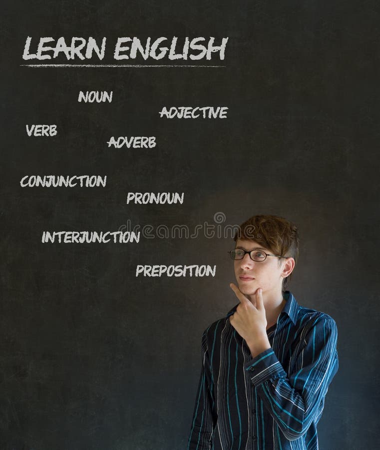 Aprenda al profesor de inglés con el fondo de la tiza fotos de archivo Aprenda al profesor de inglés con el fondo de la tiza fotos de archivo