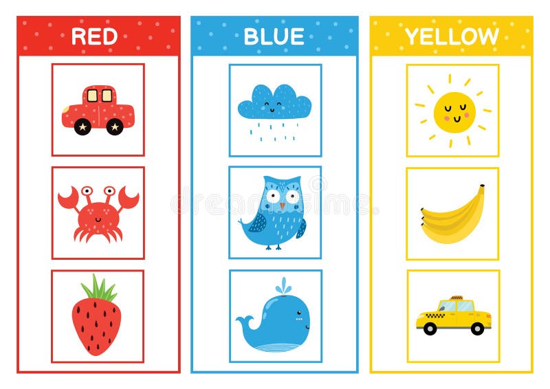Aprenda as cores primárias. página de atividade de classificação de cores azul. material educativo