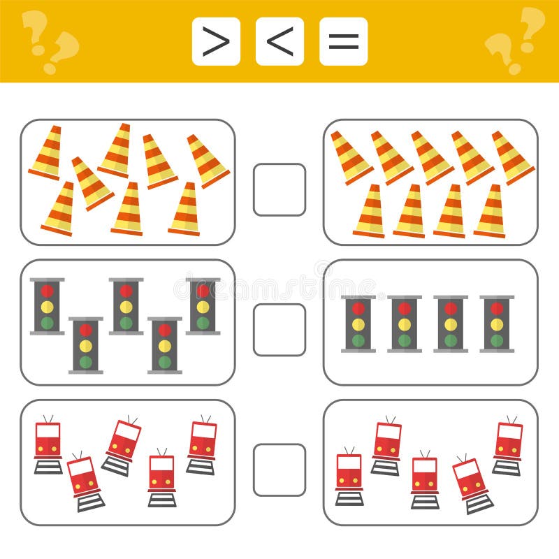 Aprendendo a matemática, números - escolha mais, menos ou igual Tarefas para crianças ilustração stock Aprendendo a matemática, números - escolha mais, menos ou igual Tarefas para crianças ilustração stock