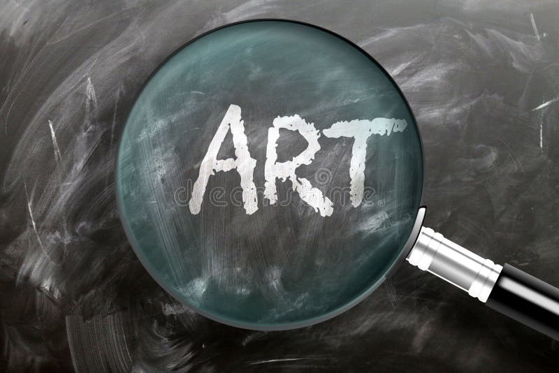Aprender, estudiar e inspeccionar el arte - representado como una lupa que agranda el arte de la palabra, simboliza la investigac ilustración del vector