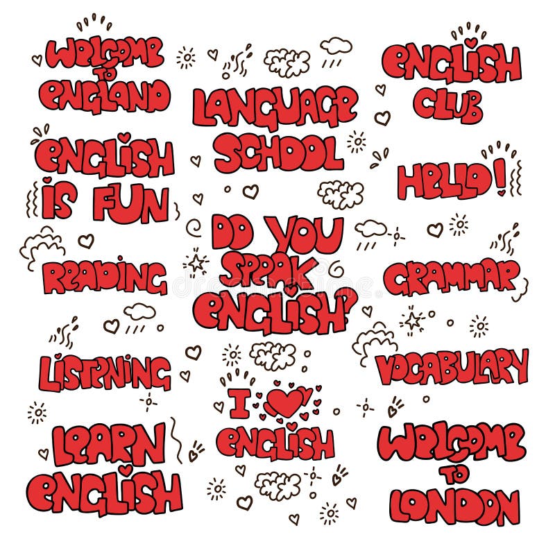 Aprendiendo las letras educativas inglesas - frases y palabras coloreadas Letras de la escuela de idiomas - frases y expresiones ilustración del vector Aprendiendo las letras educativas inglesas - frases y palabras coloreadas Letras de la escuela de idiomas - frases y expresiones ilustración del vector
