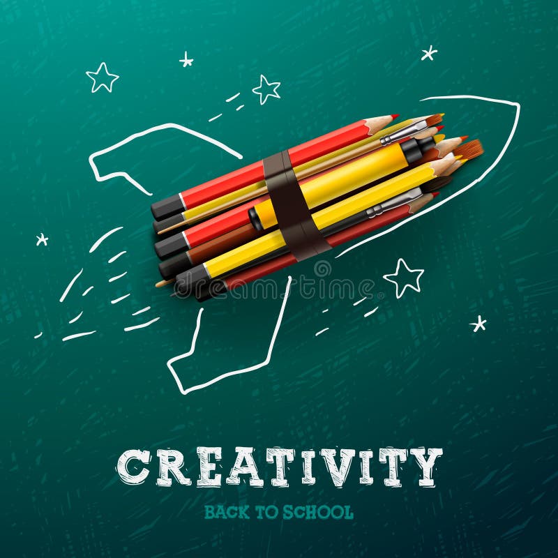 Creativity learning. Rocket ship launch with pencils - sketch on the blackboard, vector Eps10 image. Creativity learning. Rocket ship launch with pencils - sketch on the blackboard, vector Eps10 image.