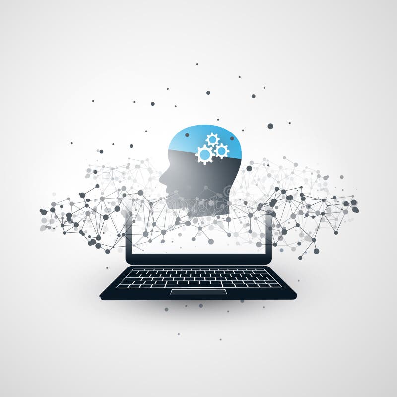 Aprendizagem de máquina, inteligência artificial, conceito da computação da nuvem e de projeto das redes com portátil, malha da r ilustração stock Aprendizagem de máquina, inteligência artificial, conceito da computação da nuvem e de projeto das redes com portátil, malha da r ilustração stock