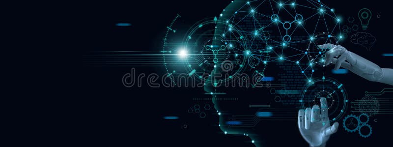 Aprendizaje de m? quina Mano del robot que toca en datos binarios Inteligencia artificial futurista AI imagen de archivo libre de regalías