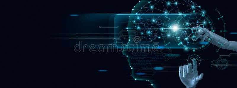 Aprendizaje de m? quina Mano del robot que toca en datos binarios Inteligencia artificial futurista A foto de archivo