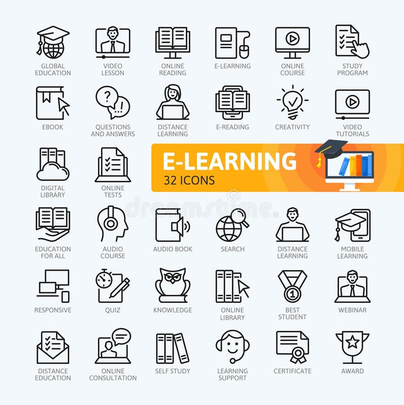 Aprendizaje electrónico, elementos en línea de la educación - colección mínima de los iconos del esquema