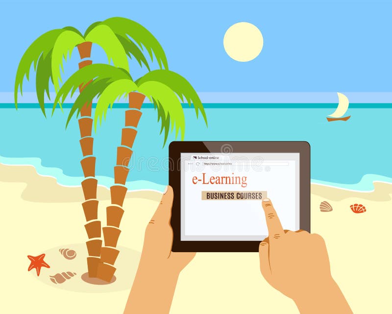 Aprendizaje móvil en la playa con tablet stock de ilustración Aprendizaje móvil en la playa con tablet stock de ilustración
