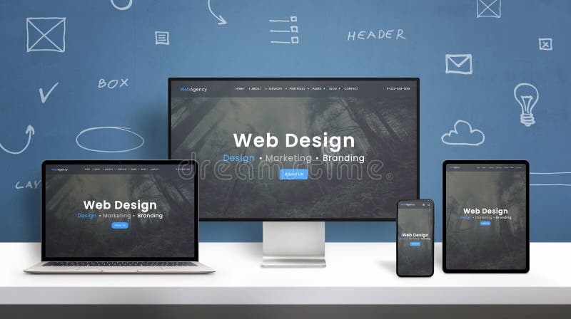 Apresentação de design ágil do Web design do Web site em apresentação de computador portátil smartphone e tablet