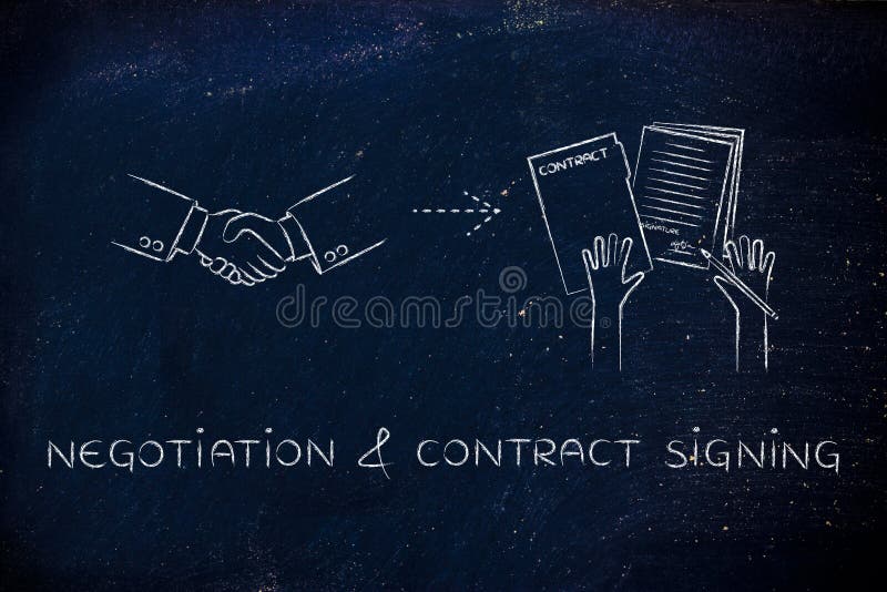 Apretón de manos y documentos firmados: firma de la negociación y del contrato stock de ilustración Apretón de manos y documentos firmados: firma de la negociación y del contrato stock de ilustración