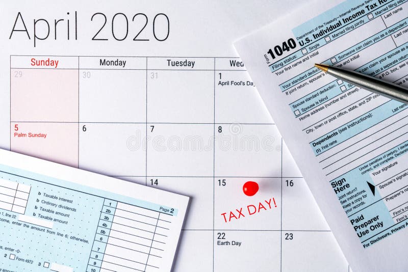 April 2020 Calendar with the 15th Pinned with Tax Day Text, and 1040