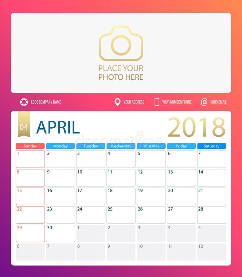 April 2018 Illustration Vector Calendar Or Desk Planner Weeks Start