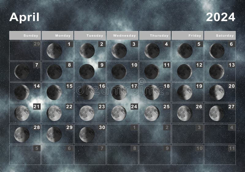 April 2024 Lunar Calendar, Moon Cycles Stock Illustration