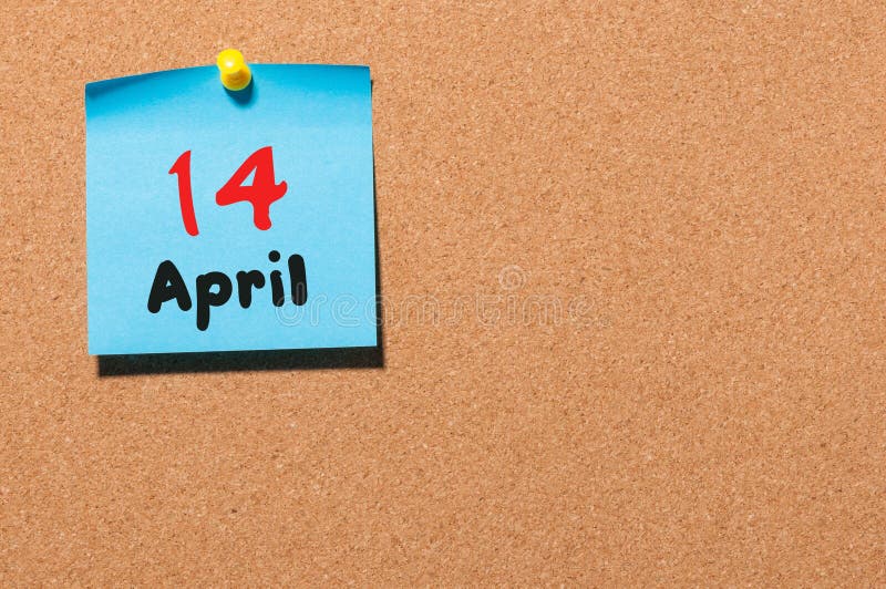 April 14th. Day 14 of month, calendar on cork notice board, business background. Spring time, empty space for text stock photos April 14th. Day 14 of month, calendar on cork notice board, business background. Spring time, empty space for text stock photos