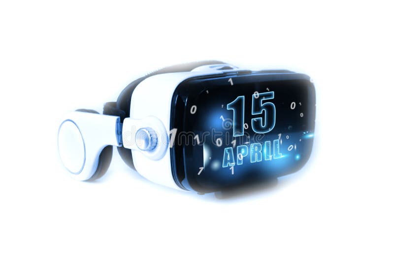 April 15th. Day 15 of month,calendar date month and day glows on virtual reality helmet or VR glasses. Virtual technologies royalty free stock images