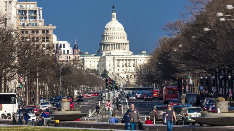 APRIL 11, 2018 WASHINGTON D.C. - Pennsylvania Ave to US Capitol going towards US Capitol in Washington DC. during rush hour PM. APRIL 11, 2018 WASHINGTON D.C. - Pennsylvania Ave to US Capitol going towards US Capitol in Washington DC. during rush hour PM