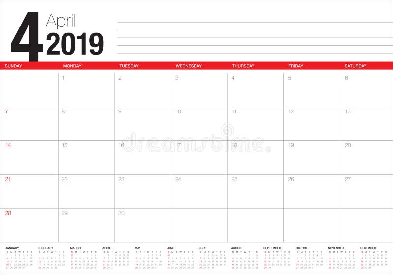 Calendario Da Scrivania Aprile 2019 Illustrazione Vettoriale